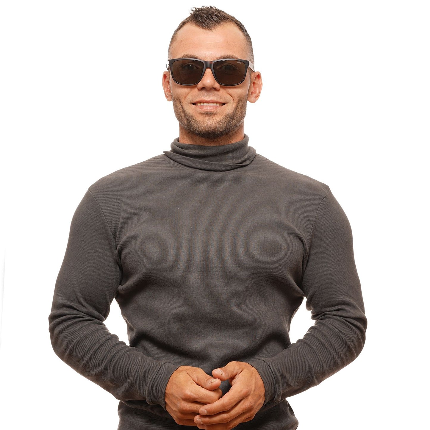 Brown full-rim men's sunglasses with green lenses and 100% UVA & UVB protection