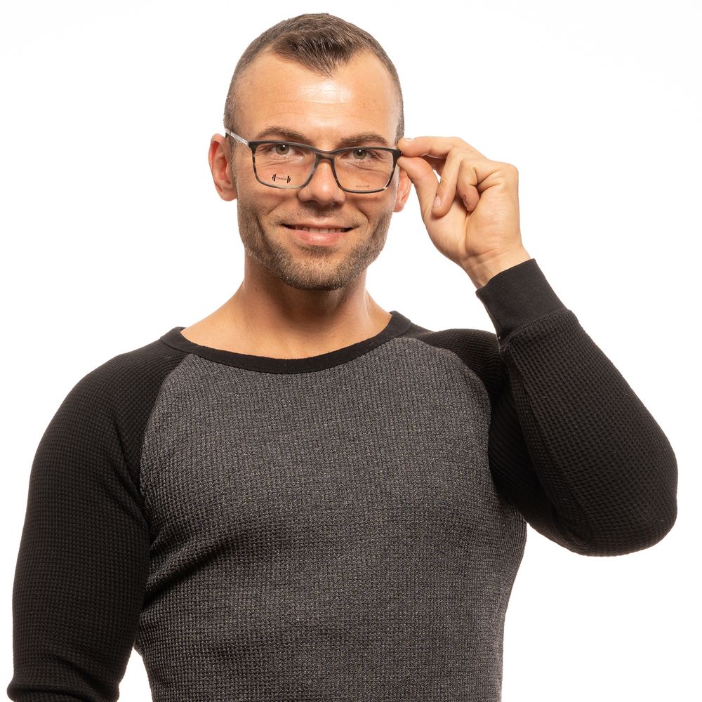 Branded case included with plastic gray men's optical frames