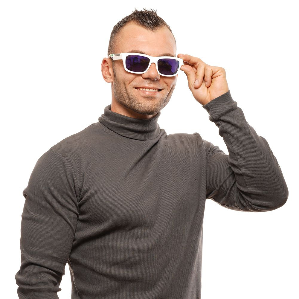 White plastic sunglasses with 150mm frame width and 145mm temples length