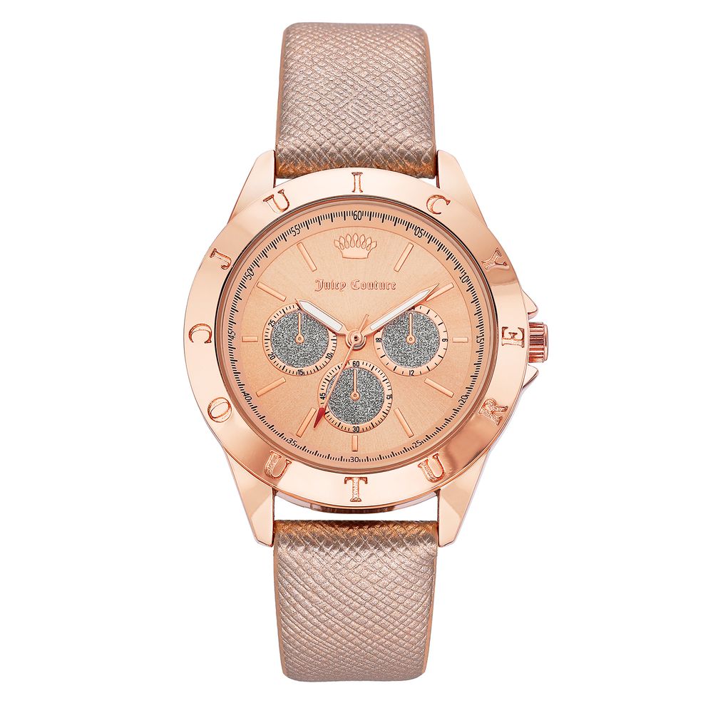 Rose gold women's watch with quartz battery, analog display, pin buckle closure, and leatherette wristband in a fashion style