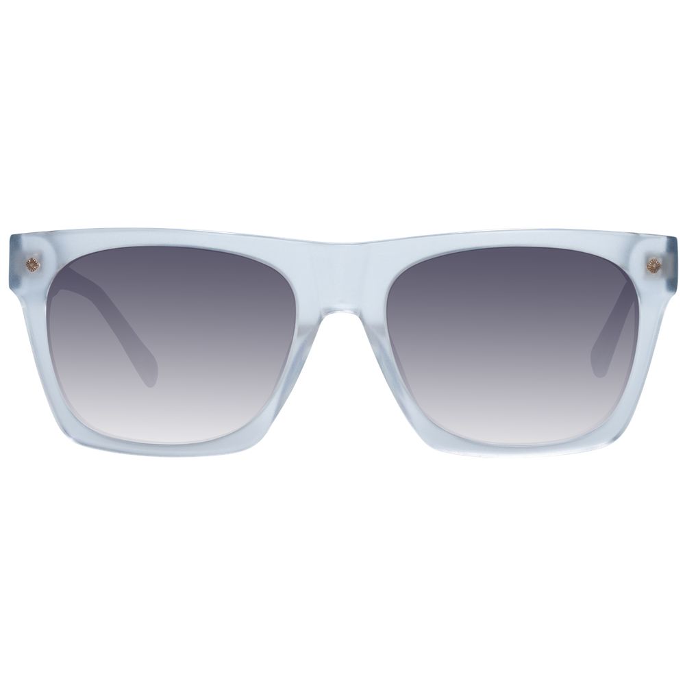 Stylish trapezium-shaped gray sunglasses for women with purple gradient lenses