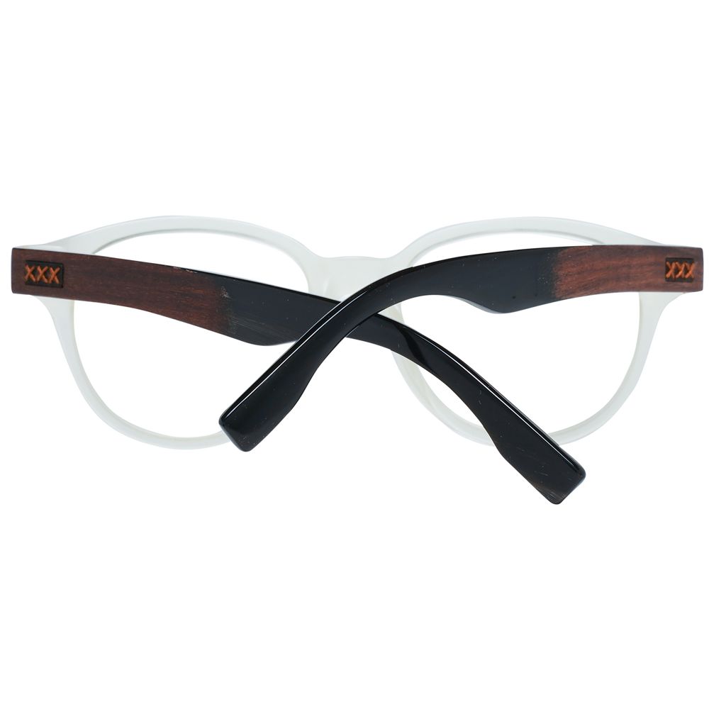 Close-up of demo glasses lenses in transparent men's frames