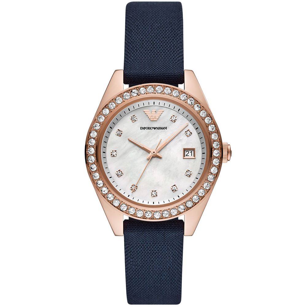 Emporio Armani Rose Gold Women Watch with grey textile fabric wristband and pearl display