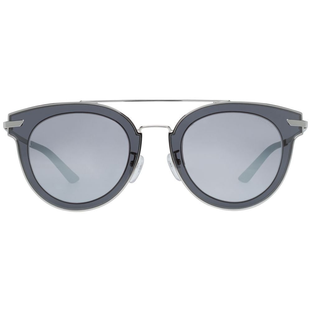 Men's silver sunglasses with plastic and metal frame, 100% UVA & UVB protection, and mirrored lenses