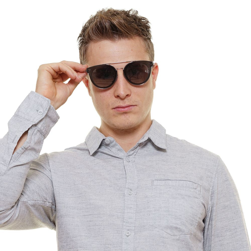 Round silver men's sunglasses by Police with plastic and metal frame, mirrored lenses, and 100% UVA & UVB protection