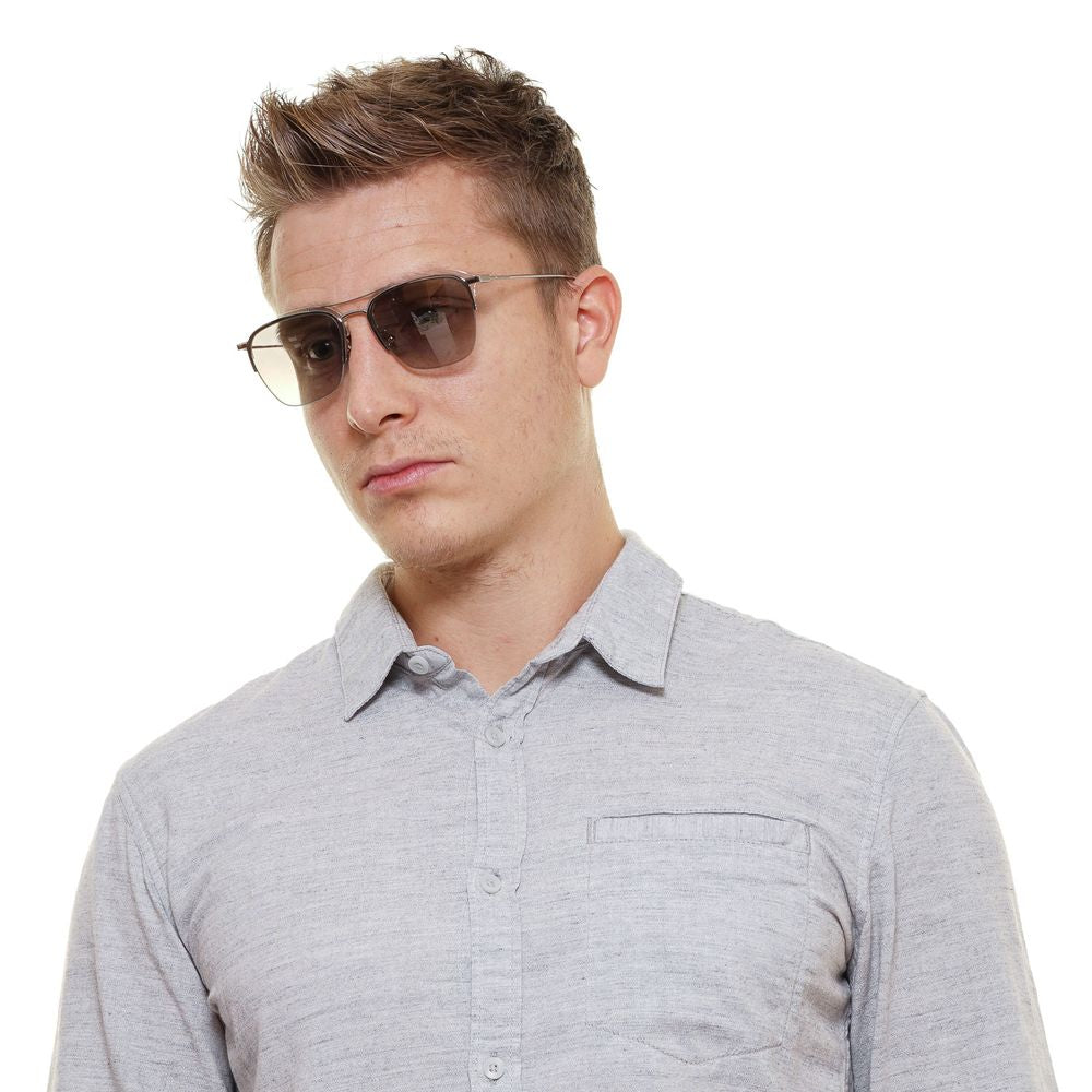 Men's silver sunglasses with square frame, mirrored lenses, and 100% UVA & UVB protection