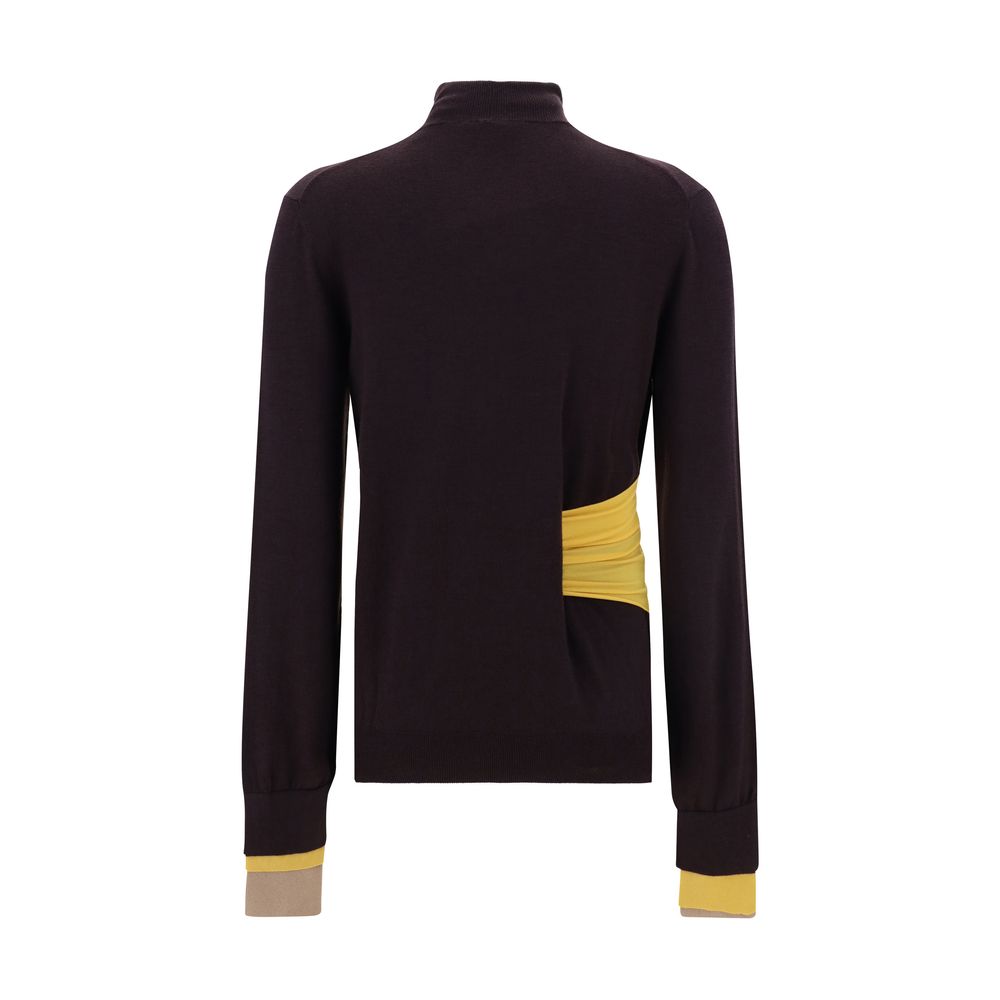 Close-fitting turtleneck sweater with trompe l’oeil effect on cuffs