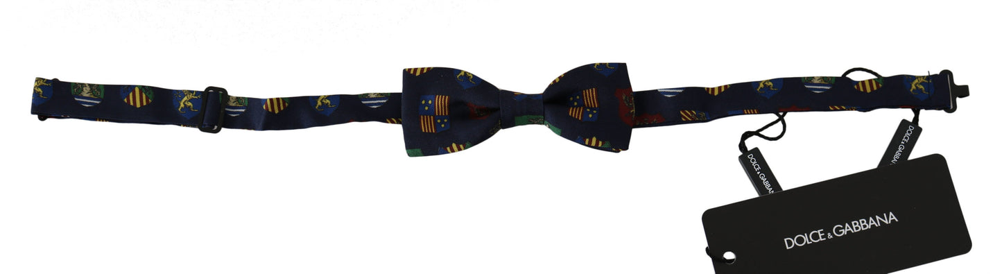 Dolce & Gabbana Blue Flags Print Silk Bow Tie in Tied Model, Made in Italy