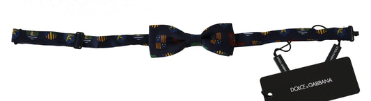Dolce & Gabbana Blue Flags Print Silk Bow Tie in Tied Model, Made in Italy