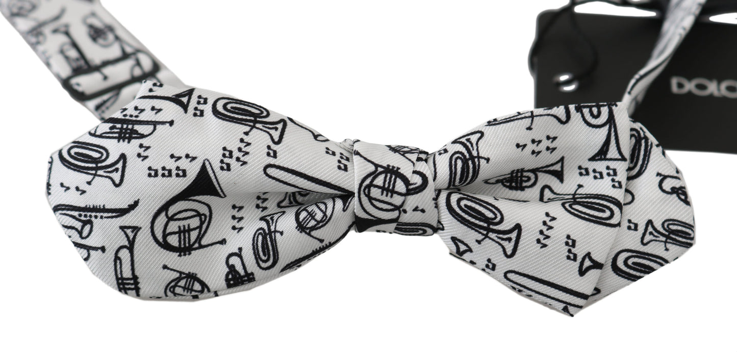 Dolce & Gabbana white silk bow tie with exclusive instruments print