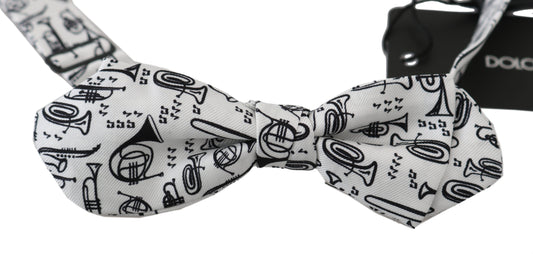 Dolce & Gabbana white silk bow tie with exclusive instruments print
