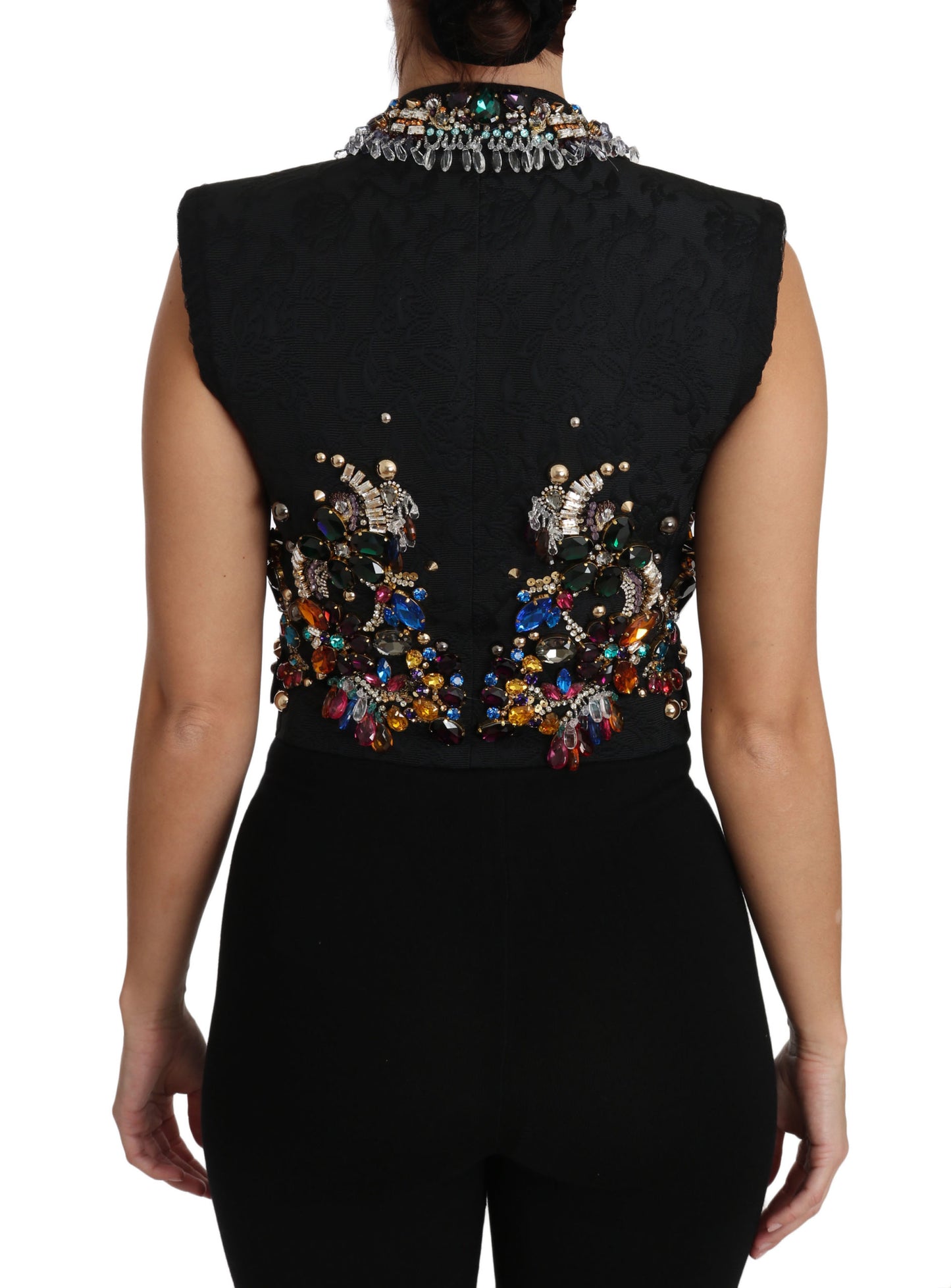 Luxurious array of multicolor crystals, sequins, and gold metal detailing
