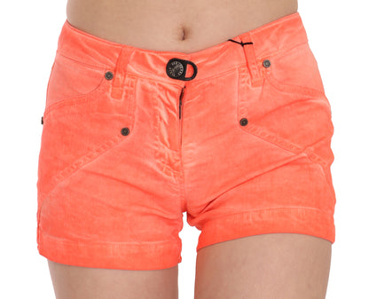 Vibrant orange mid waist mini shorts from PLEIN SUD with zipper closure and logo details