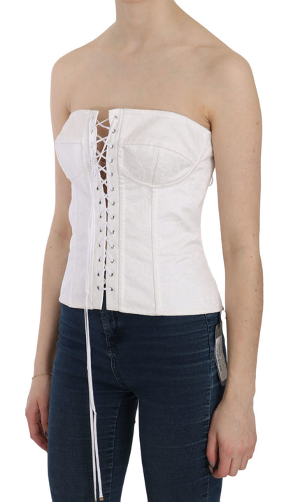 White corset top with fitted silhouette and subtle logo details