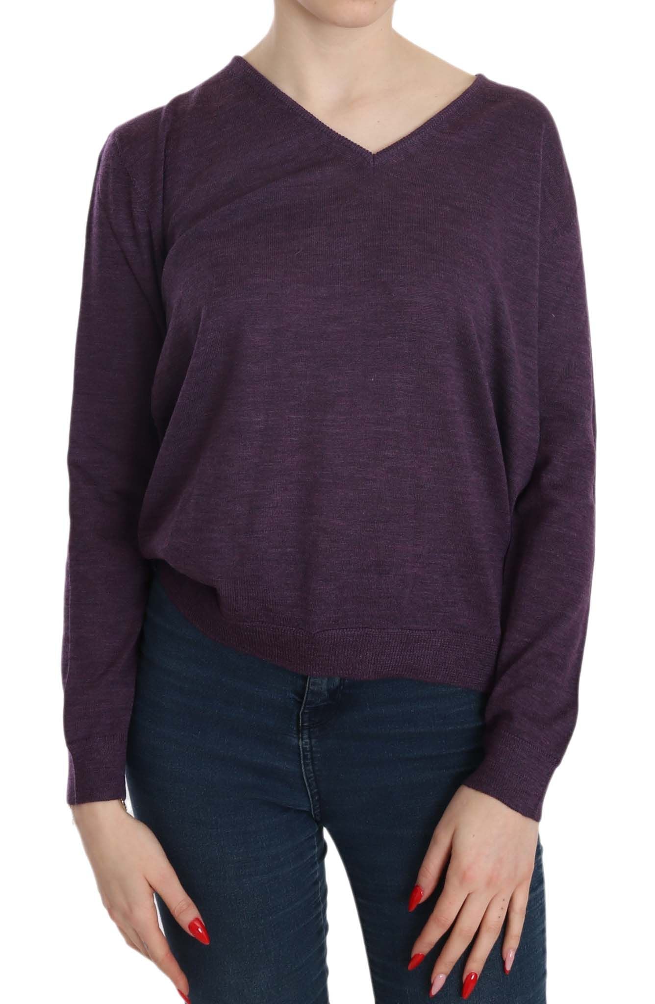 Stunning purple V-neck long sleeve pullover blouse with logo detail 