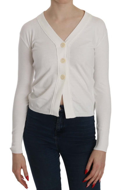 Elegant white V-neck long sleeve cropped cardigan blouse with delicate logo details and button closure
