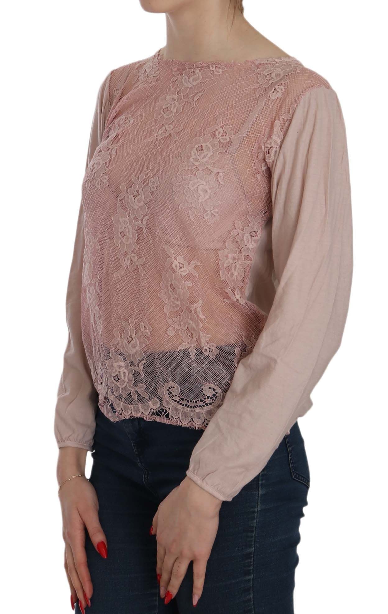 Pink Memories boat neck blouse with see-through design and long sleeves