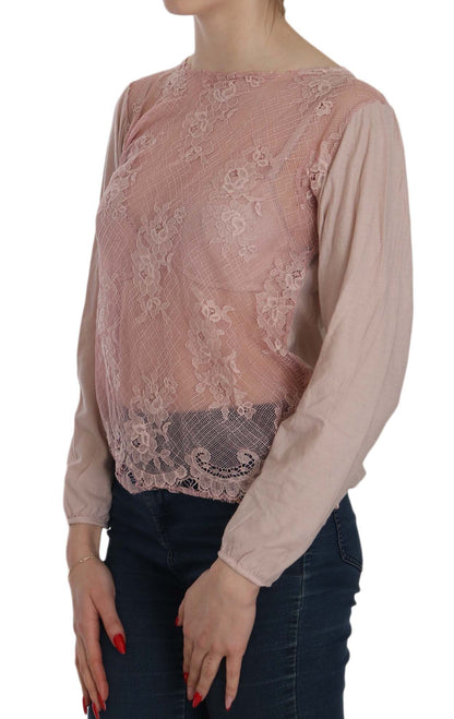 Pink Memories boat neck blouse with see-through design and long sleeves