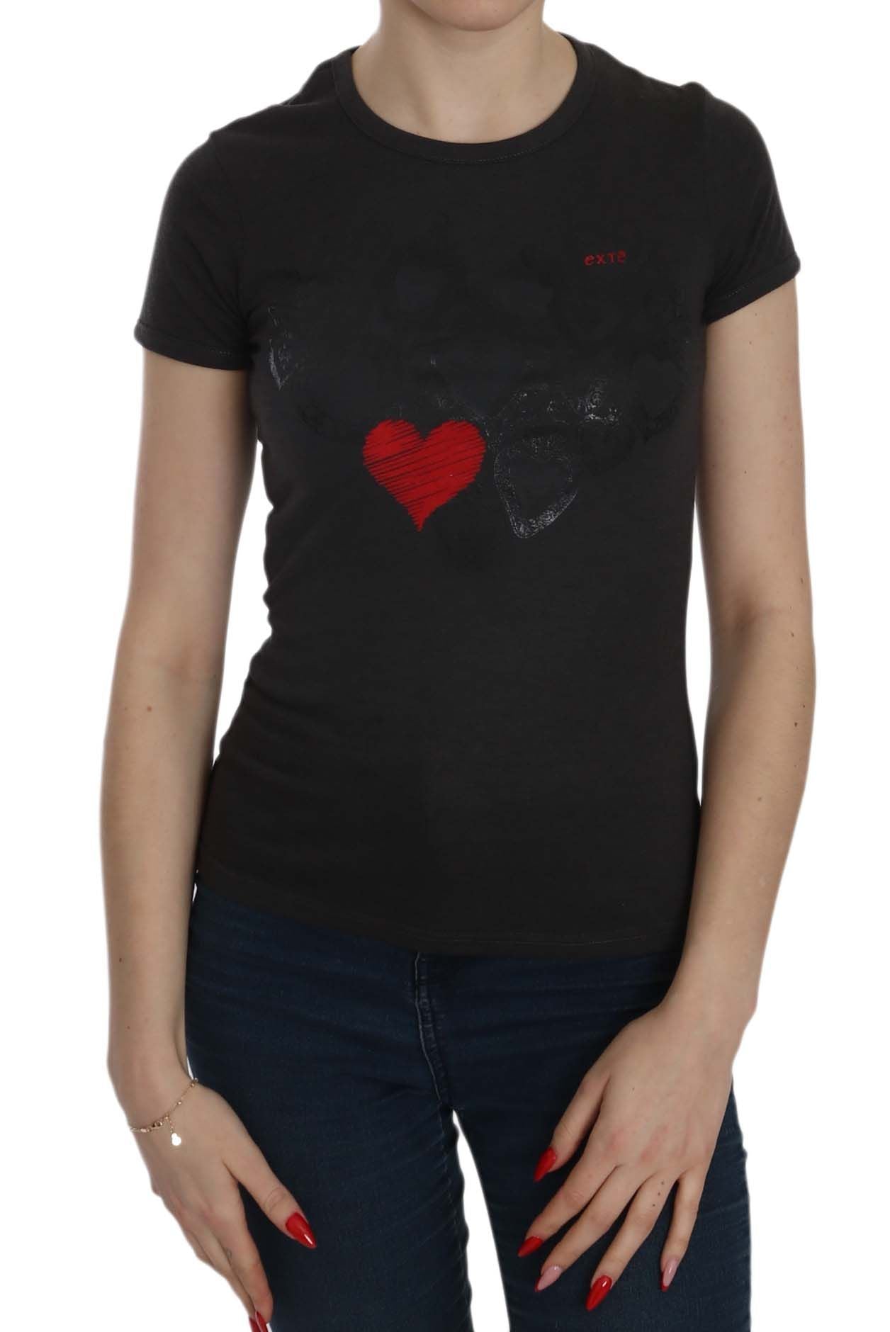 Exte Black Hearts Print Crew Neck Blouse in black and white hearts print