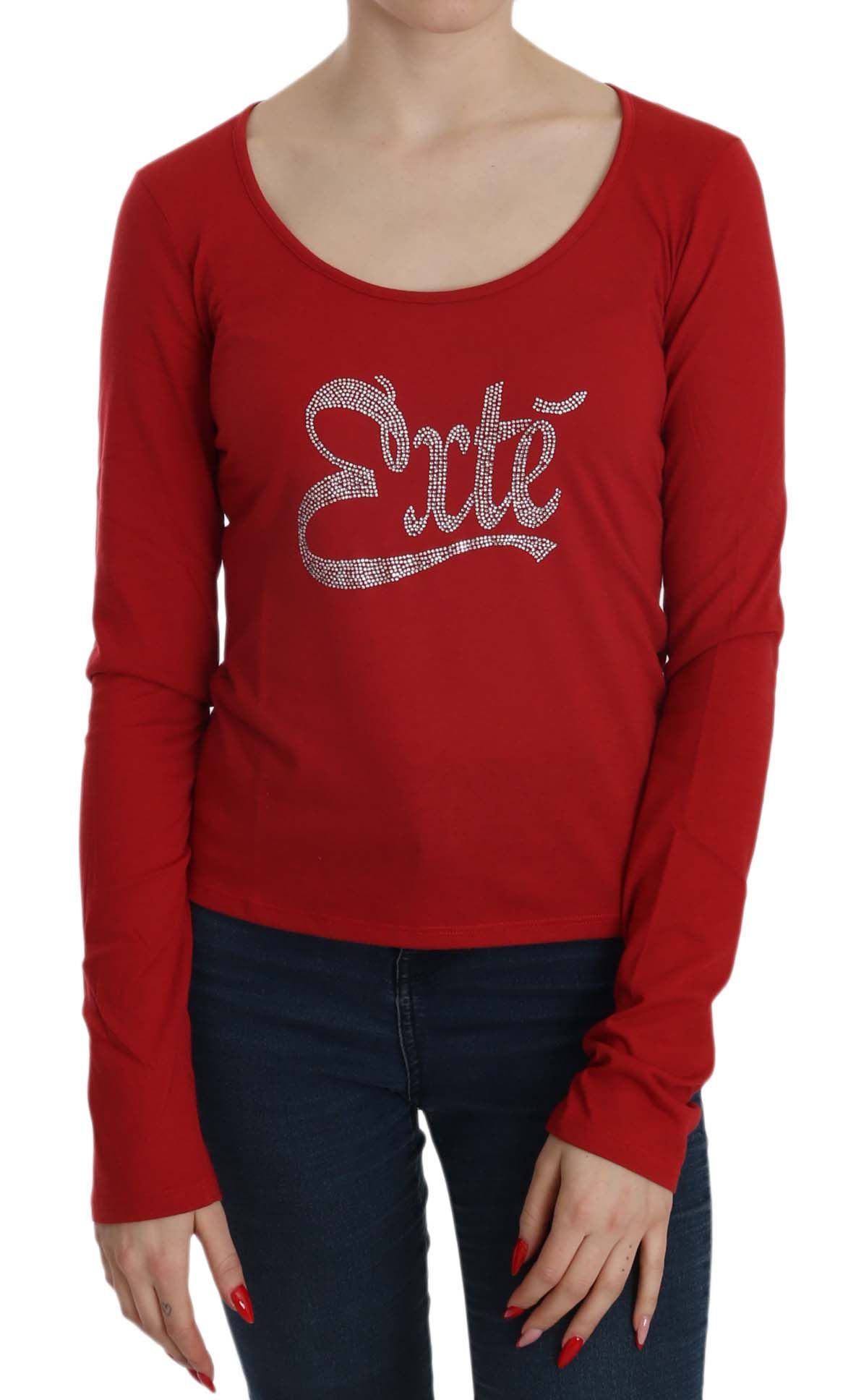 Exte Ravishing Red Crystal Embellished Blouse with chic round neck and long sleeves