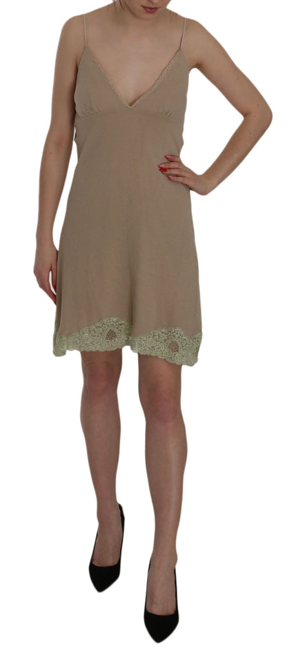 Elegant beige lace spaghetti strap mini dress perfect for fashionable affairs