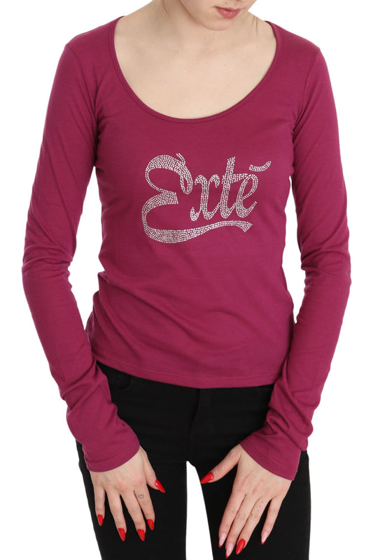 Exte Elegant Pink Crystal Embellished Long Sleeve Top in Pink with 65% Polyester and 35% Cotton Material