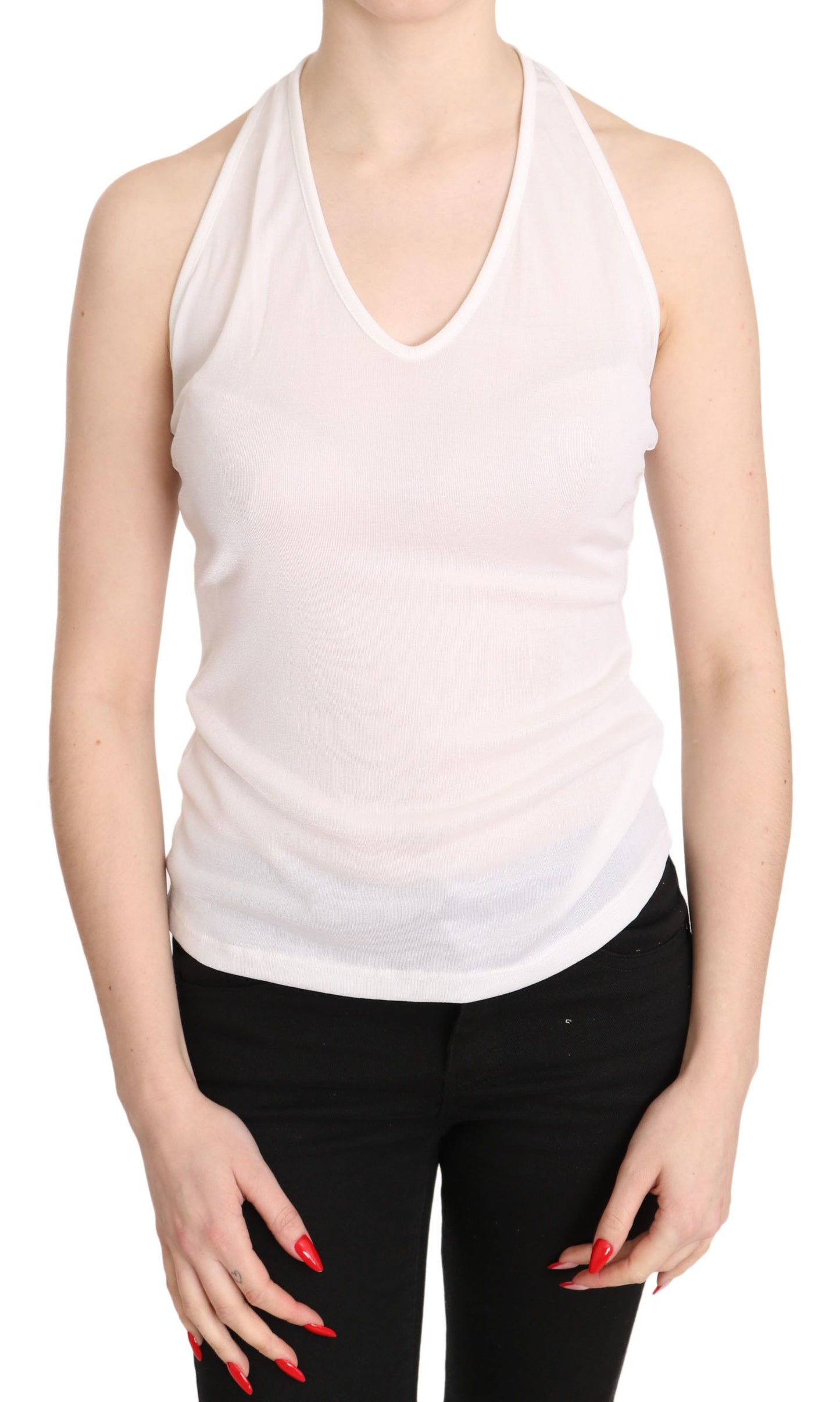 Elegant White Halter Casual Tank Top by GF Ferre, front view