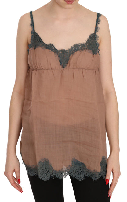 PINK MEMORIES Brown Lace Spaghetti Strap Tank Top made of 100% Linen