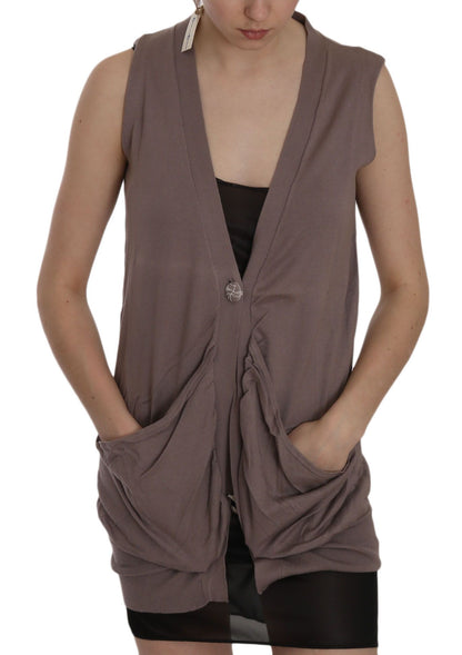 Sleeveless brown cotton cardigan top by PINK MEMORIES with one-button closure