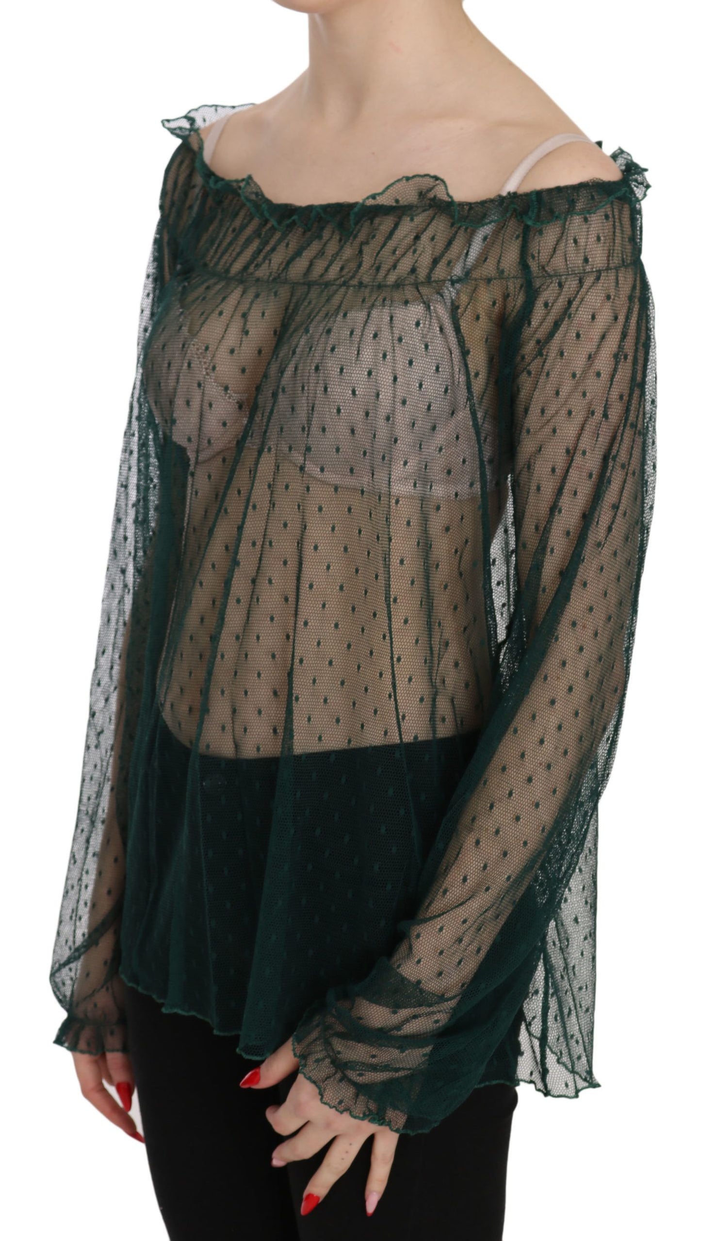 Contemporary fashion with a unique edge in this Green Mesh Long Sleeve Top