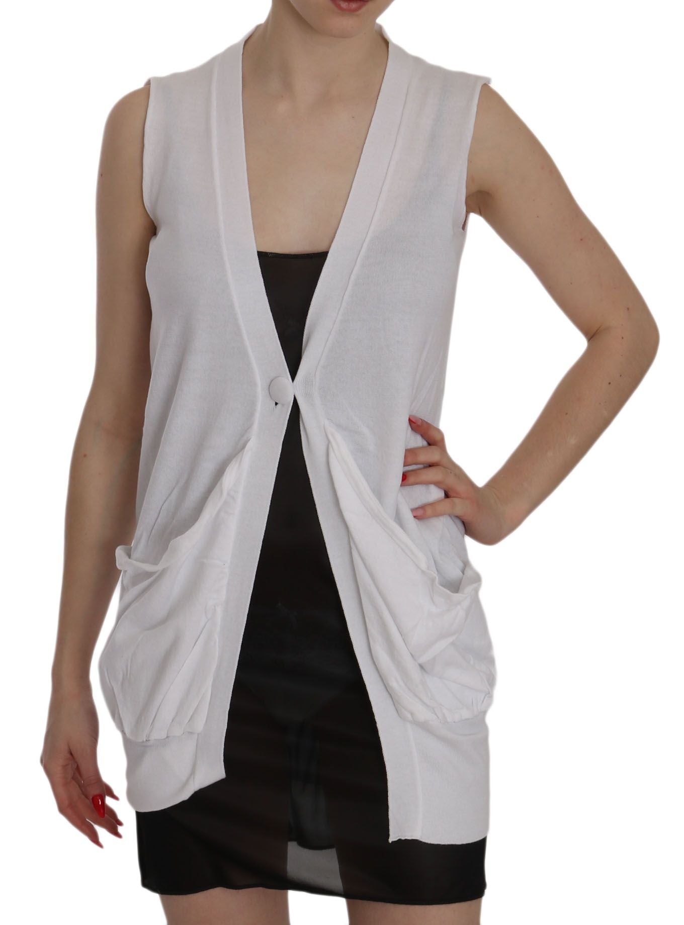 Elegant sleeveless cotton vest in pristine white, front view, one-button closure detail