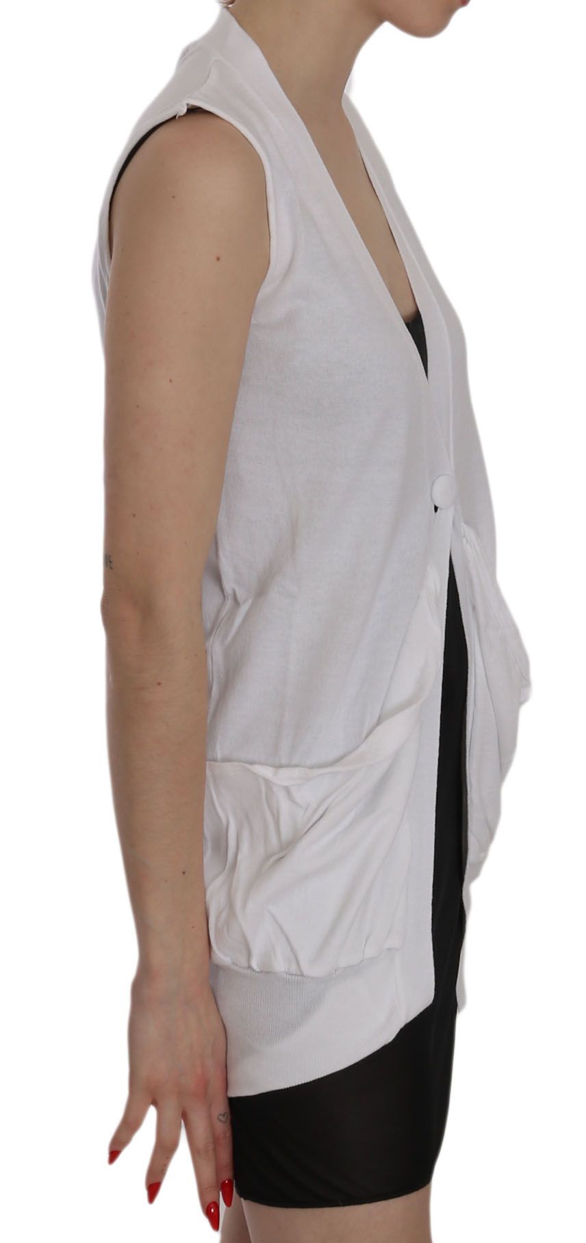 PINK MEMORIES sleeveless vest in white, side view, showing the tailored fit and elegant design