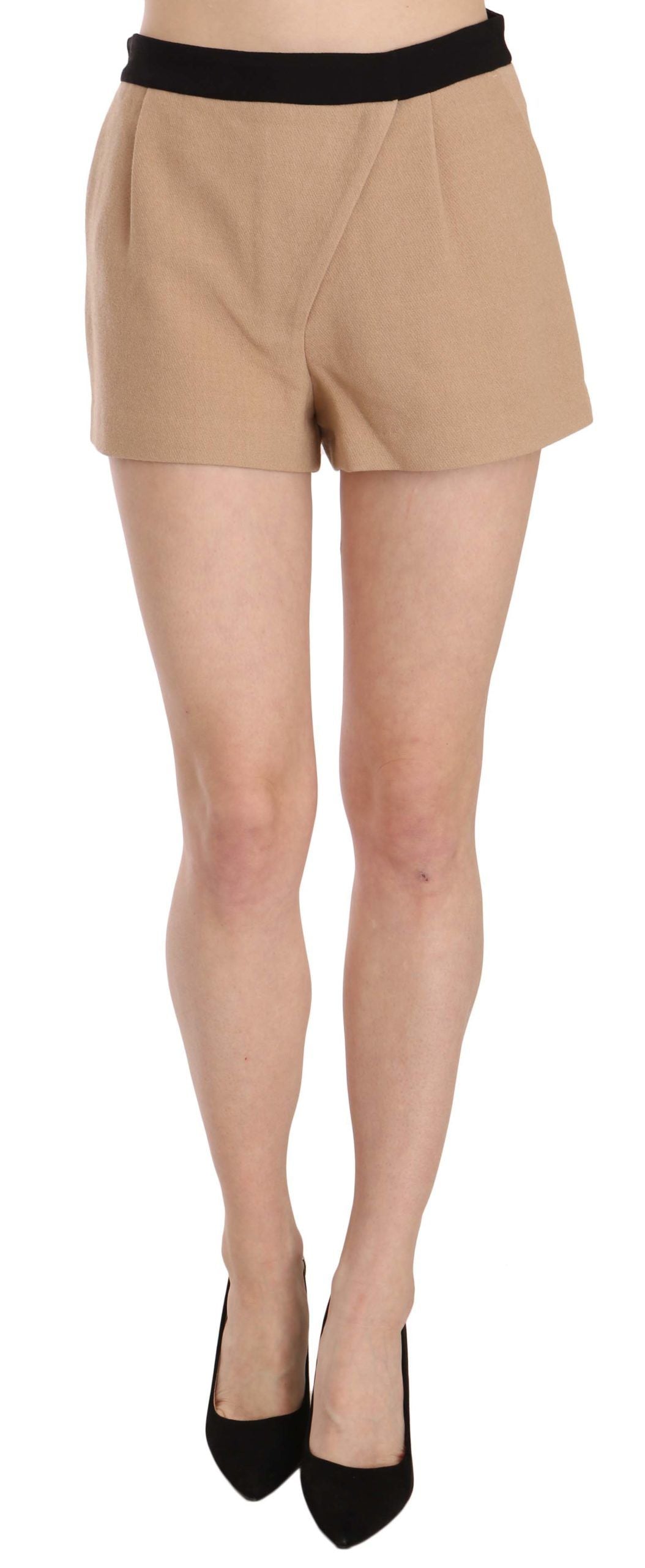 Chic beige mid waist mini shorts with zipper closure and logo details