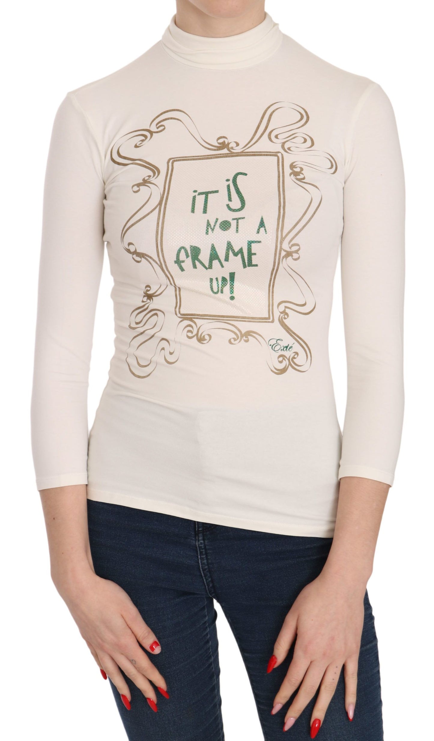 Elegant white long sleeve crew neck top by Exte, made of 65% polyester and 35% cotton