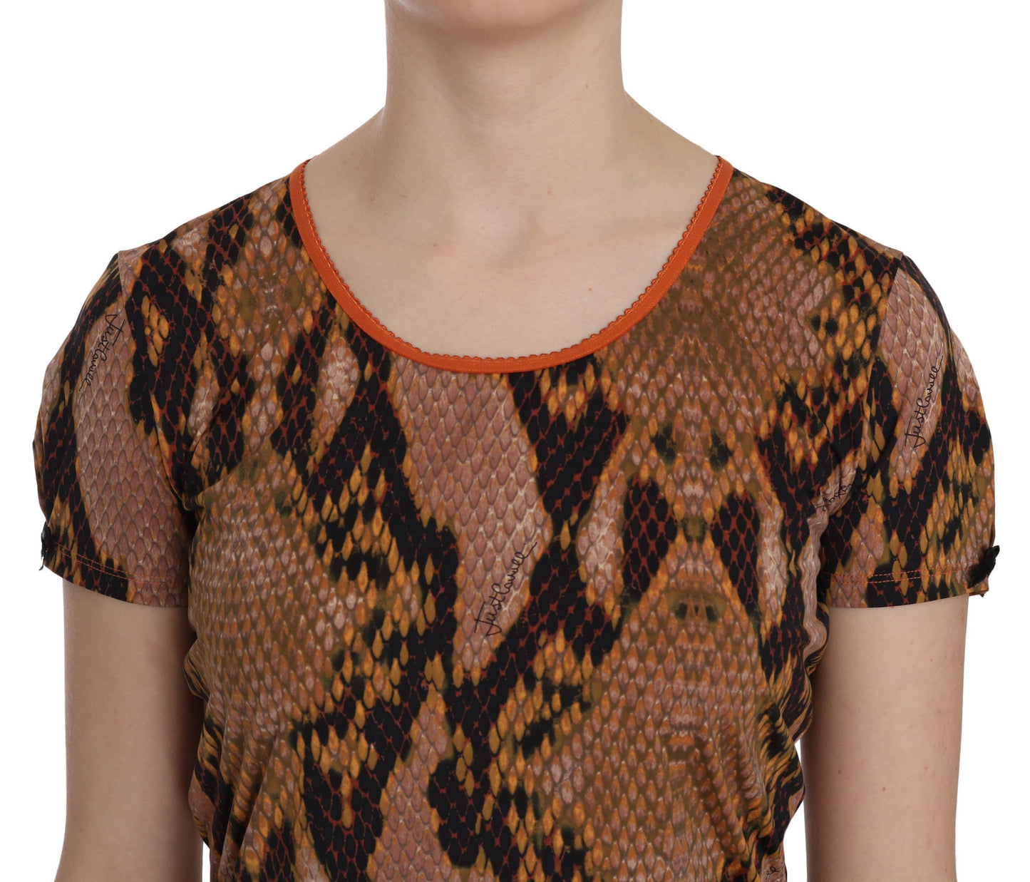 Elegant and bold Just Cavalli Brown Snake Skin Blouse with eye-catching snake pattern