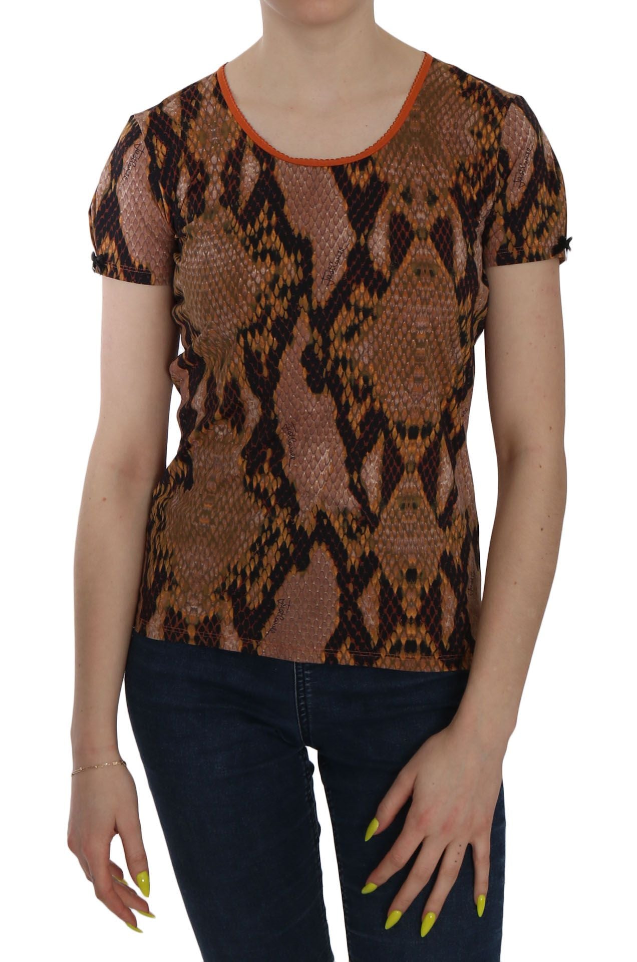 Just Cavalli Brown Snake Skin Blouse with Round Neck and Short Sleeves