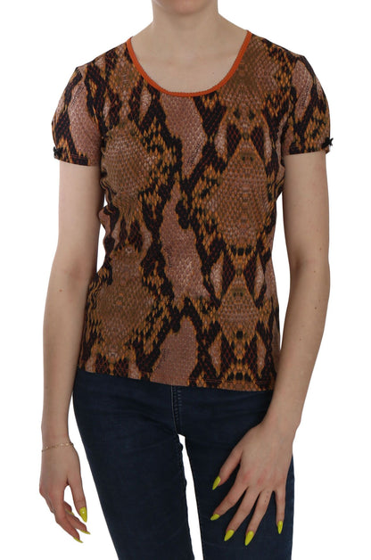 Just Cavalli Brown Snake Skin Blouse with Round Neck and Short Sleeves