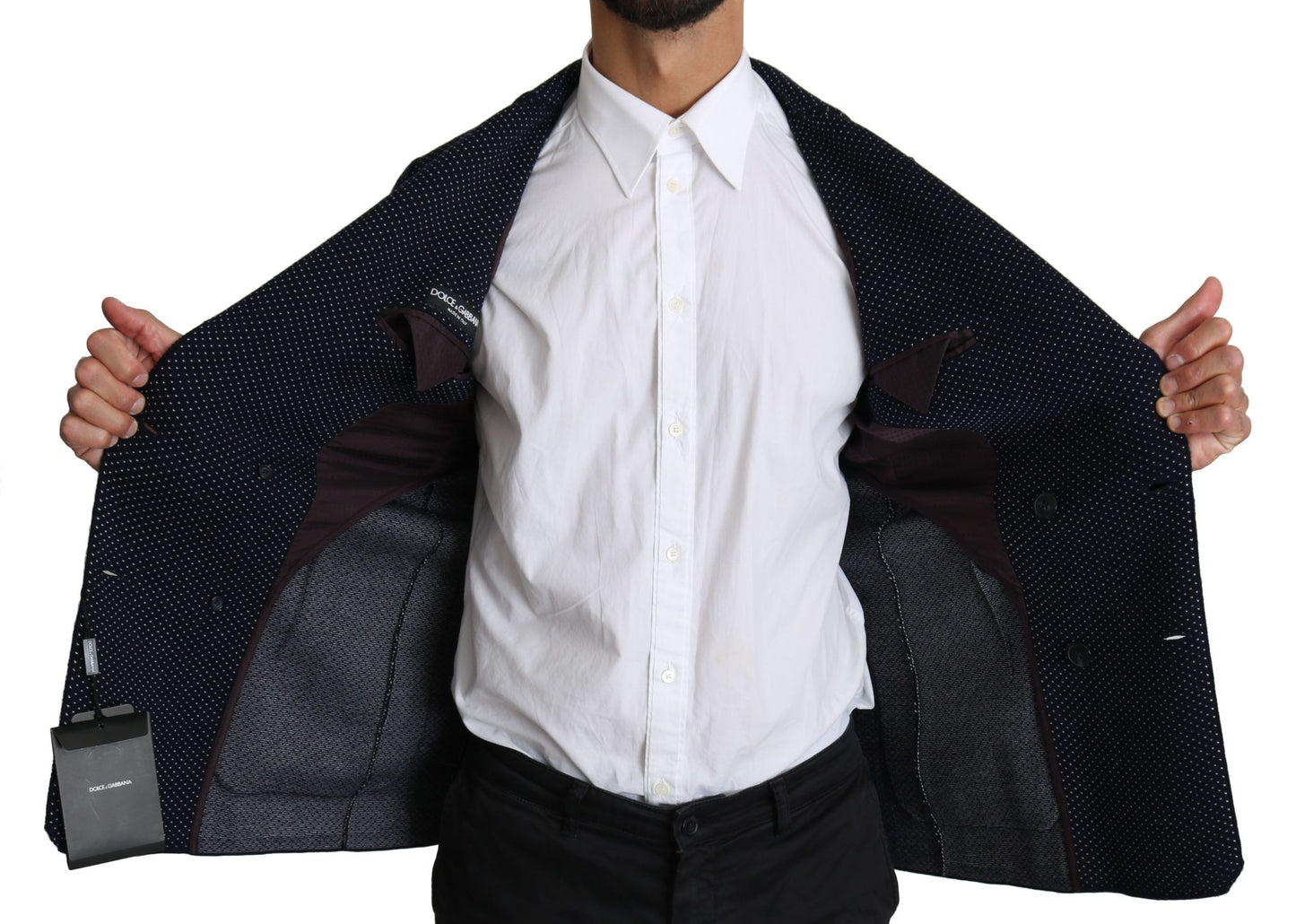 Dark blue slim-fit blazer with dotted pattern by Dolce & Gabbana