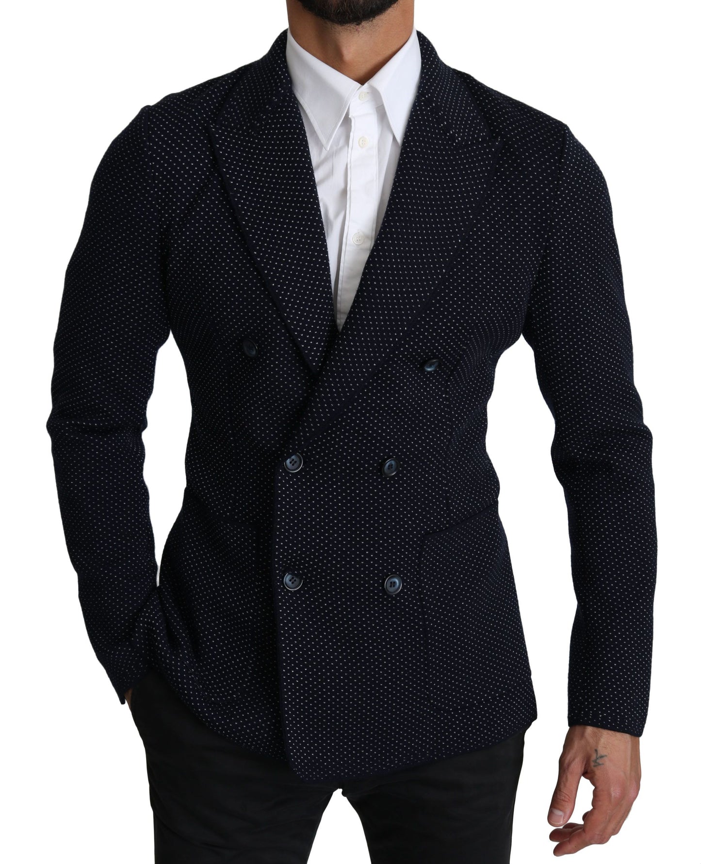 Dolce & Gabbana Elegant Dark Blue Dotted Slim-Fit Blazer for Men