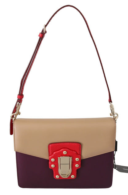 Exquisite Dolce & Gabbana LUCIA Leather Shoulder Bag in Purple and Beige with Gold Metal Detailing and Detachable Shoulder Strap