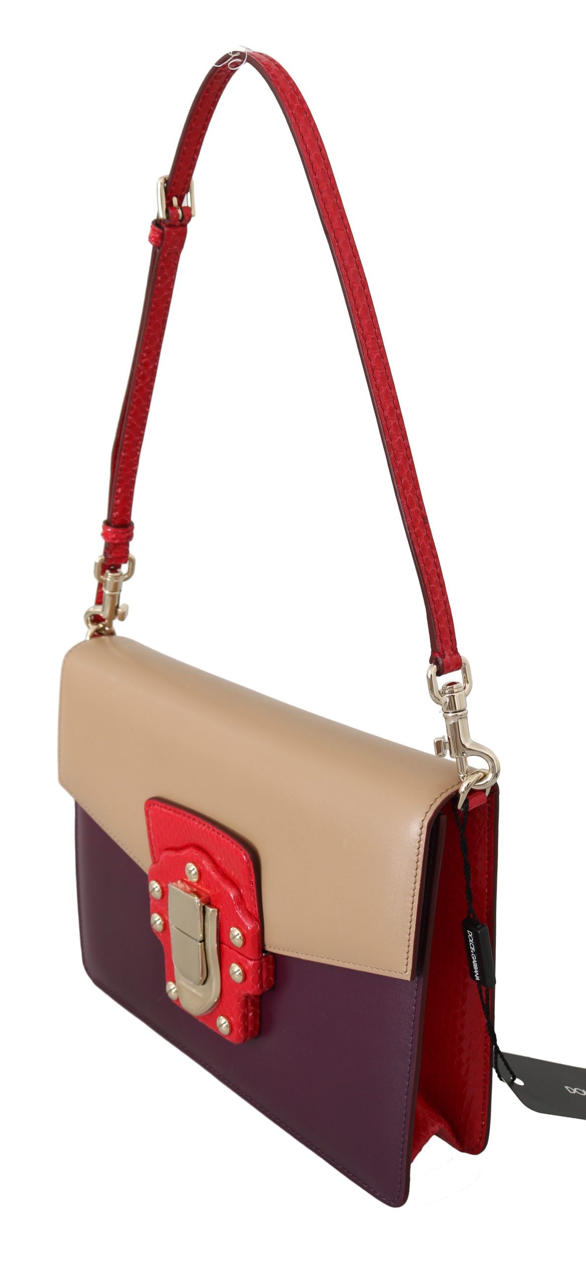 Italian luxury Dolce & Gabbana LUCIA bag with harmonious blend of purple, beige, and red hues and versatile detachable and adjustable shoulder strap