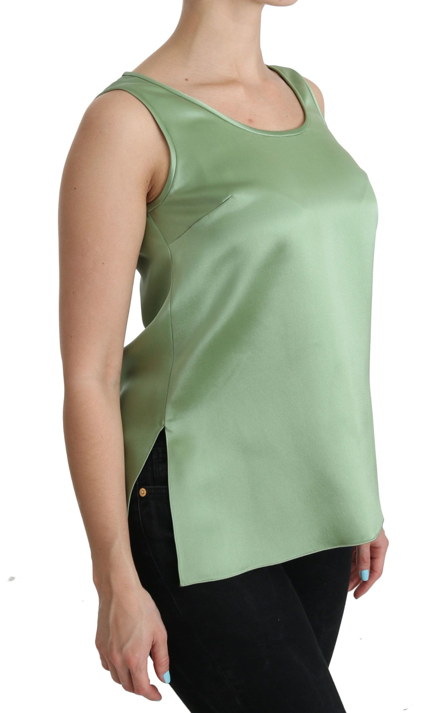 Luxurious 100% silk sleeveless top in refreshing light mint green