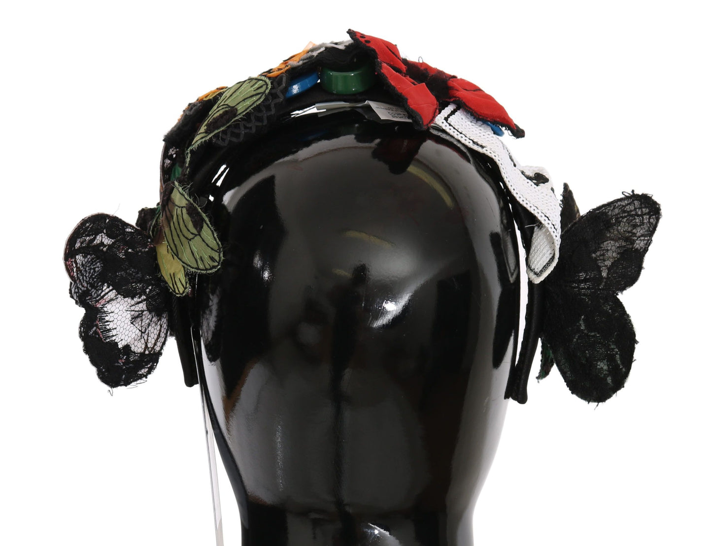 Luxurious headband adorned with black and multicolored floral butterfly pattern