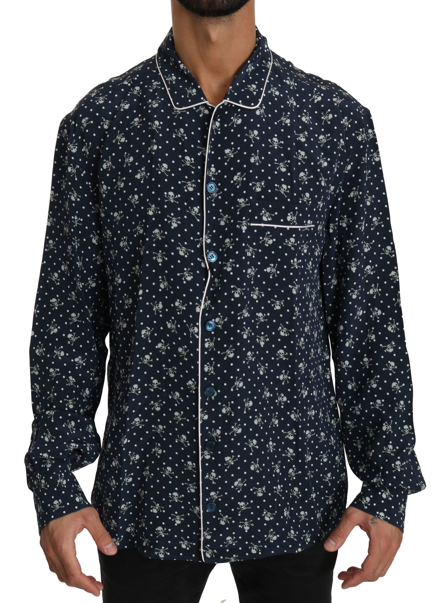 Premium Dolce & Gabbana lounge night shirt in blue silk with skull print