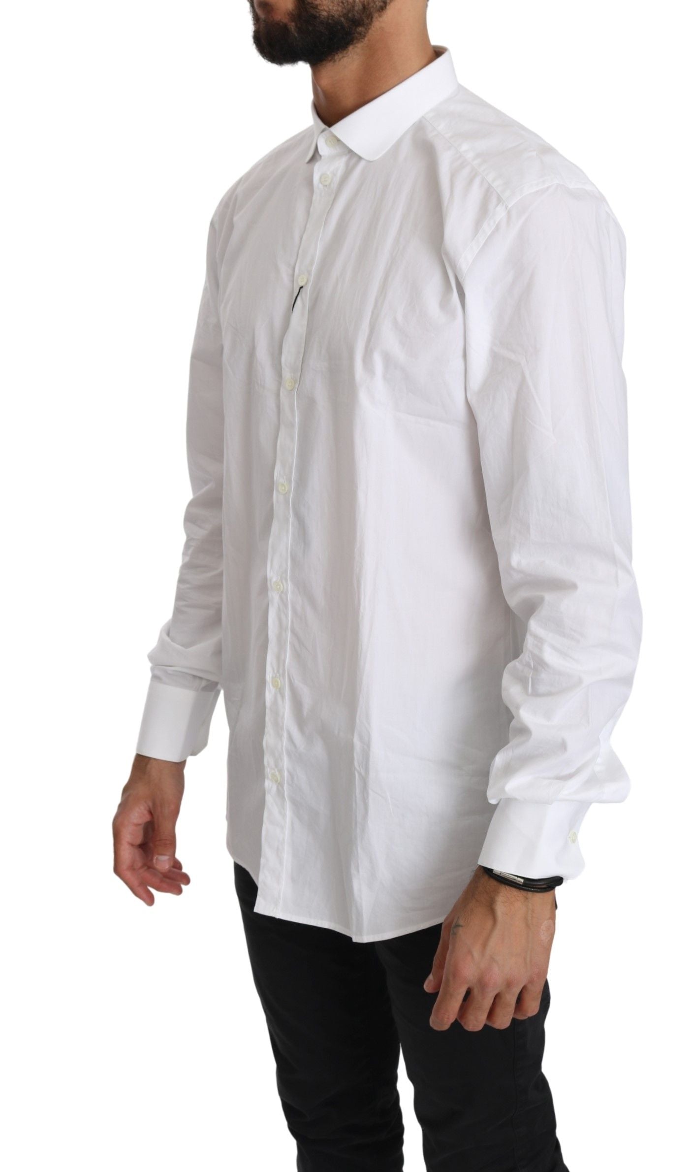 Close-up of Dolce & Gabbana logo details on the white cotton shirt