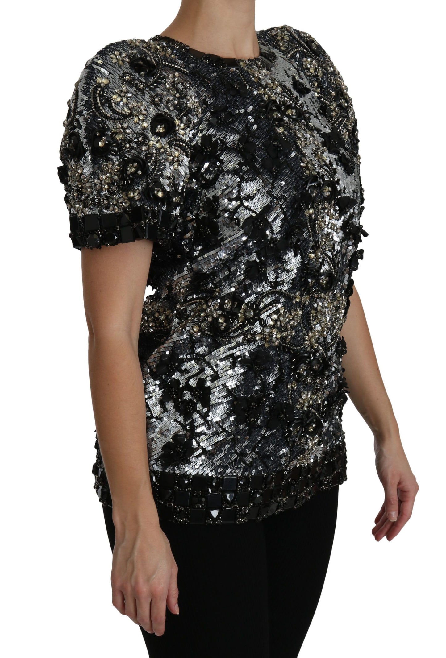 Dolce & Gabbana Sequined Crystal Embellished Crew Neck Top in Black