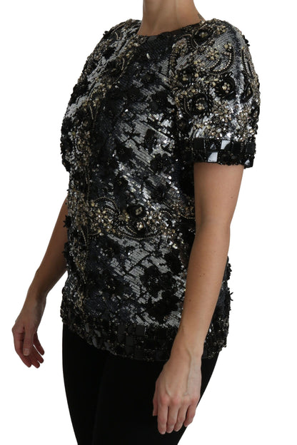 Dolce & Gabbana Sequined Crystal Embellished Crew Neck Top in Black