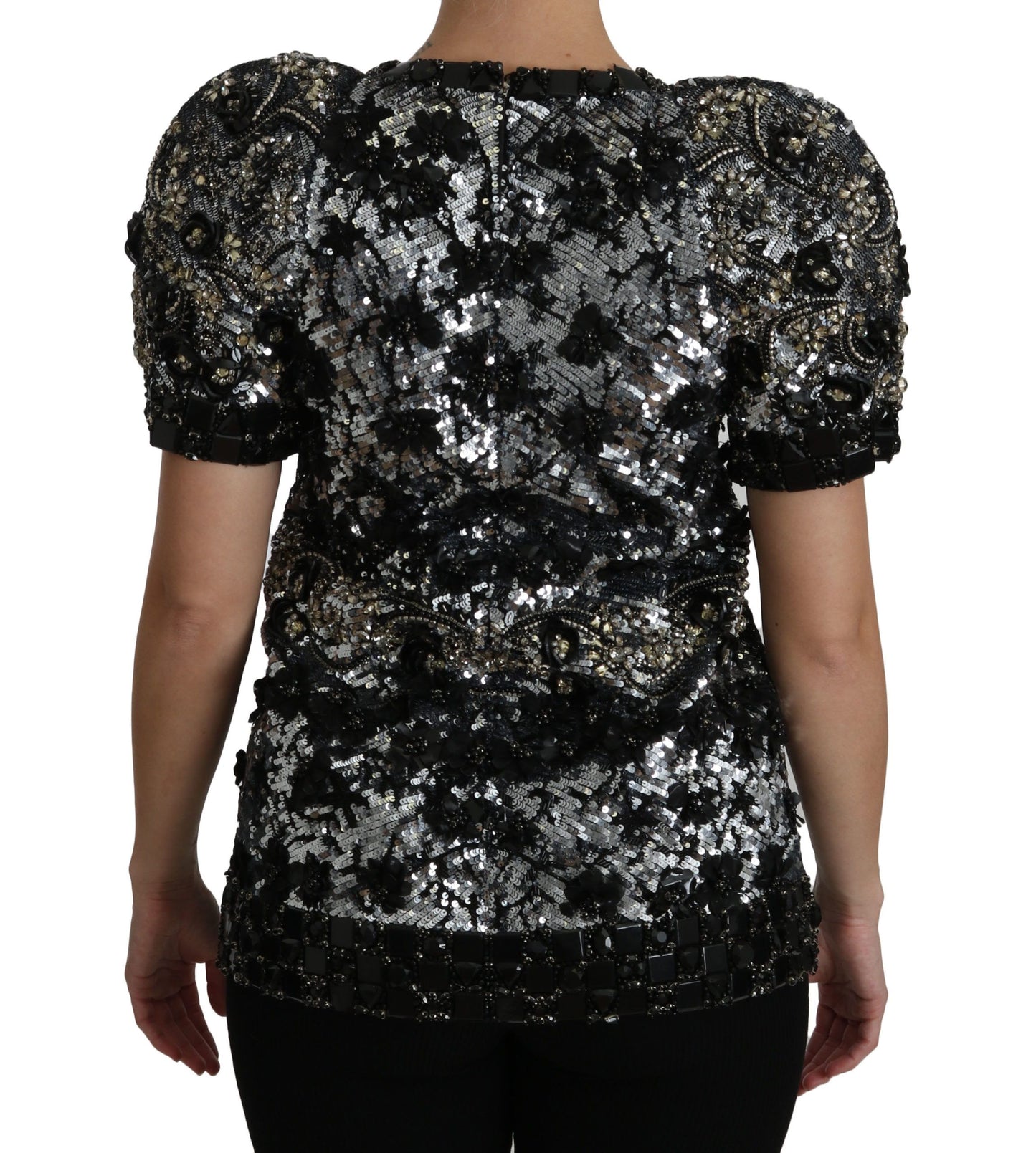 Dolce & Gabbana Sequined Crystal Embellished Crew Neck Top in Black