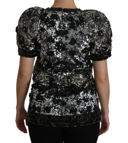 Dolce & Gabbana Sequined Crystal Embellished Crew Neck Top in Black