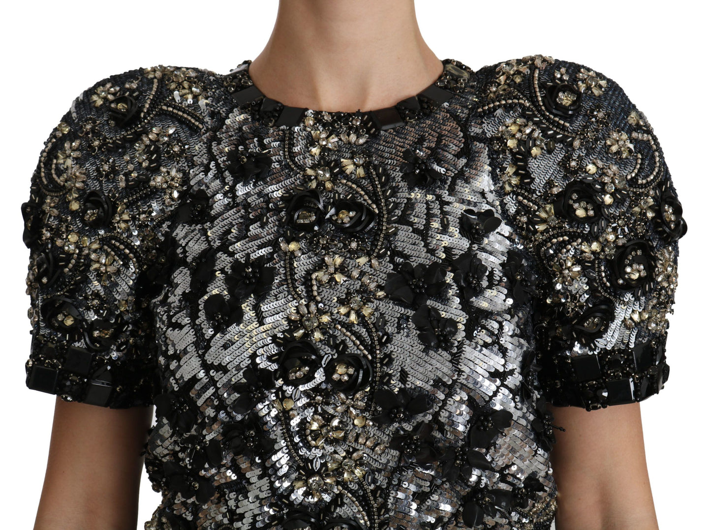 Dolce & Gabbana Sequined Crystal Embellished Crew Neck Top in Black